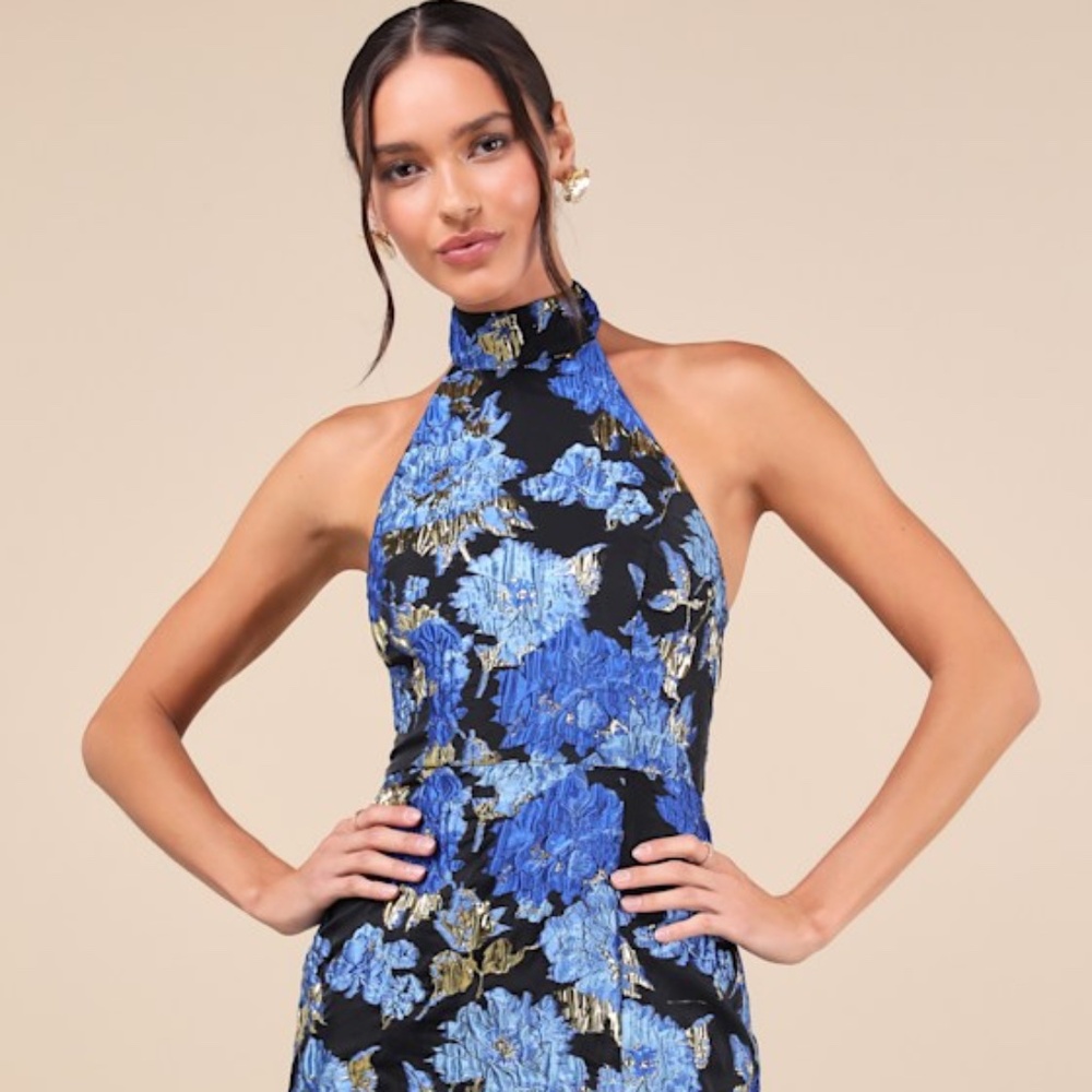 Extraordinary Impression Black Floral Jacquard Halter Mini Dress